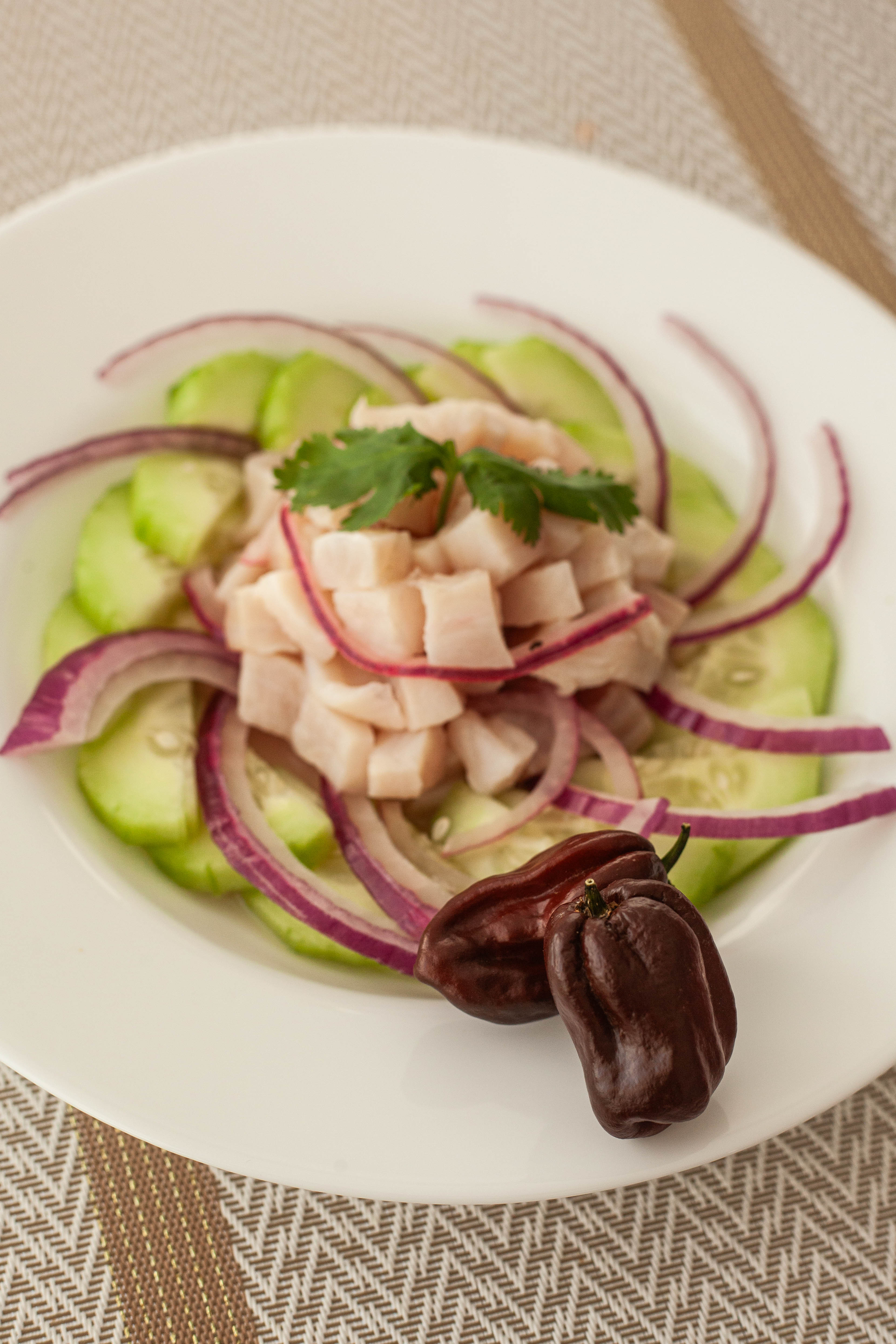 Ceviche Refrescante de Pescado Blanco con Pepino, Cebolla Morada y Habanero